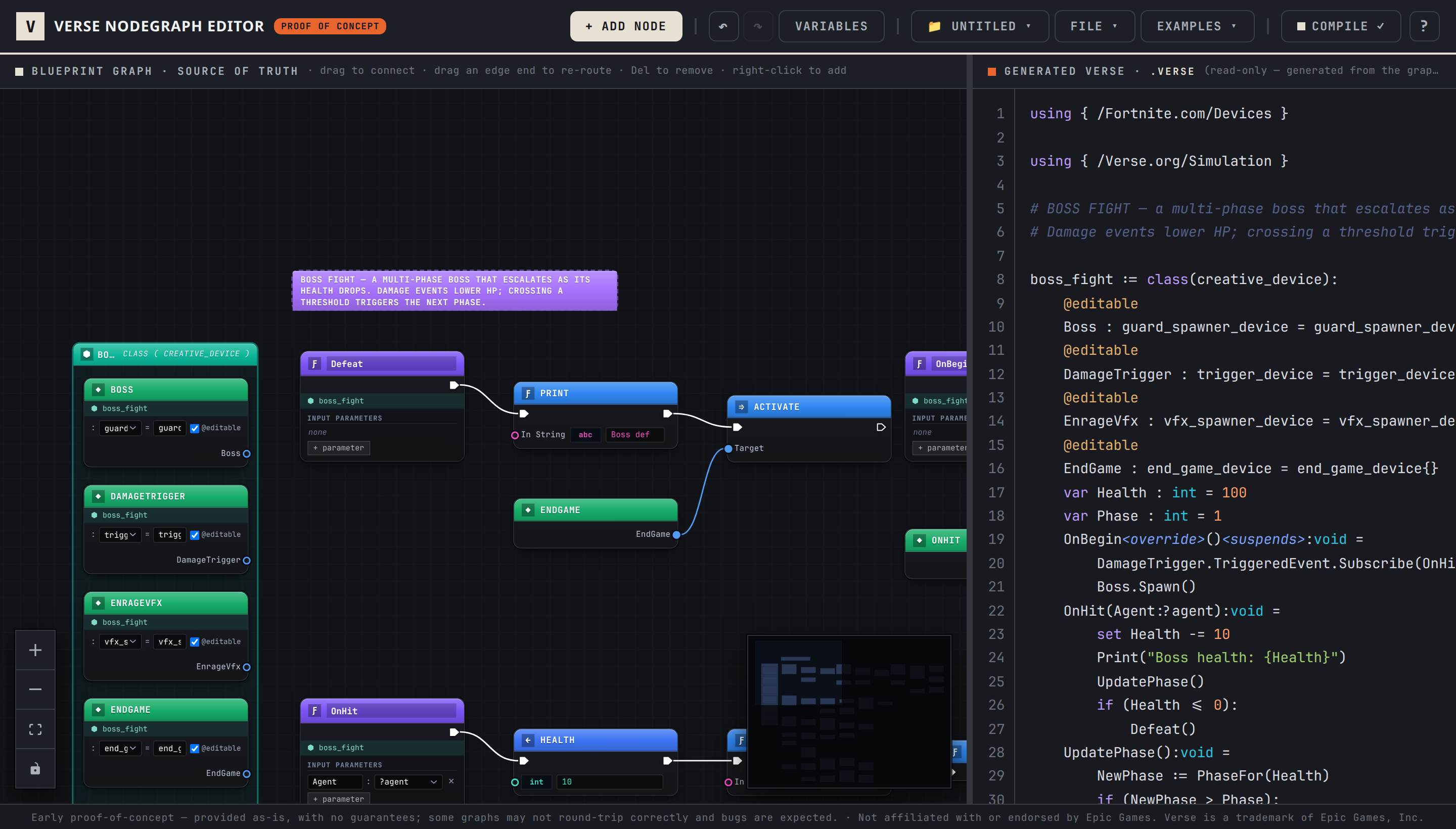 The Verse Nodegraph Editor proof-of-concept: a Blueprint-style node graph on the left with typed pins and wires, and the Verse text it generates on the right, showing a Boss Fight gameplay example